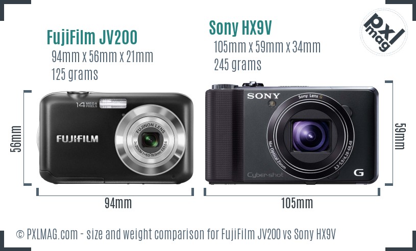 FujiFilm JV200 vs Sony HX9V size comparison