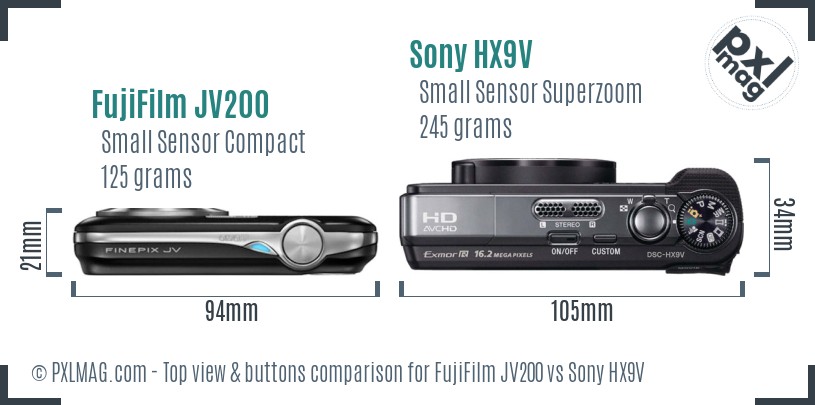 FujiFilm JV200 vs Sony HX9V top view buttons comparison