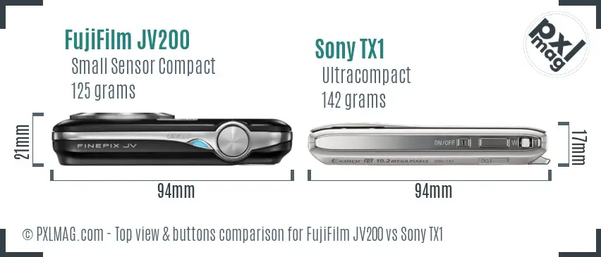 FujiFilm JV200 vs Sony TX1 top view buttons comparison FujiFilm JV200 vs Sony TX1 top view buttons comparison