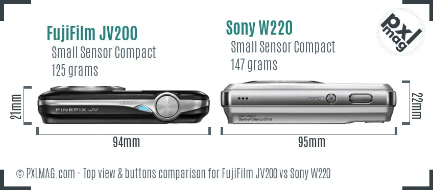 FujiFilm JV200 vs Sony W220 top view buttons comparison
