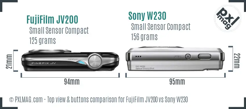 FujiFilm JV200 vs Sony W230 top view buttons comparison FujiFilm JV200 vs Sony W230 top view buttons comparison