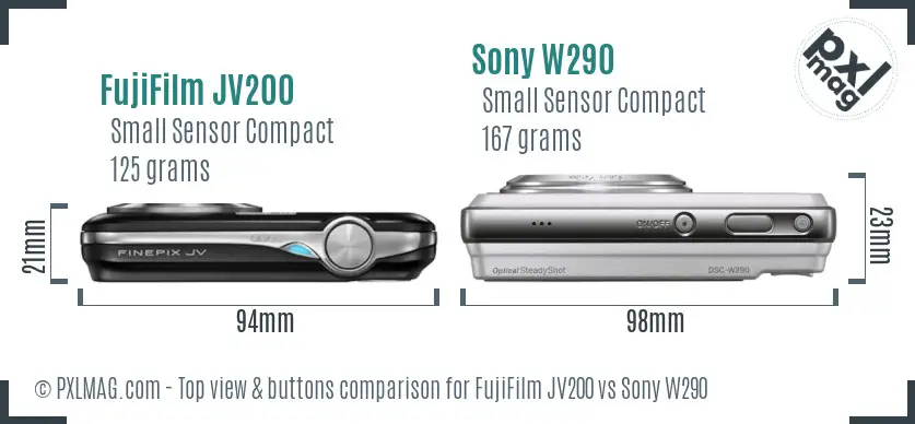 FujiFilm JV200 vs Sony W290 top view buttons comparison