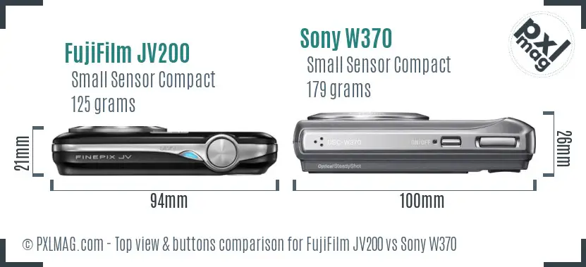 FujiFilm JV200 vs Sony W370 top view buttons comparison