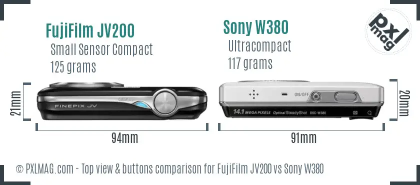 FujiFilm JV200 vs Sony W380 top view buttons comparison