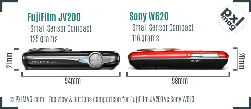 FujiFilm JV200 vs Sony W620 top view buttons comparison FujiFilm JV200 vs Sony W620 top view buttons comparison