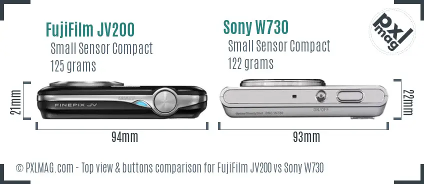 FujiFilm JV200 vs Sony W730 top view buttons comparison