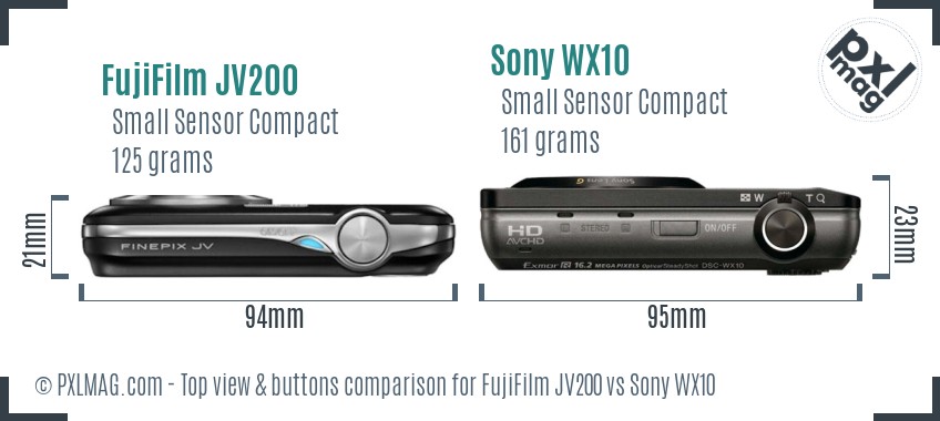 FujiFilm JV200 vs Sony WX10 top view buttons comparison