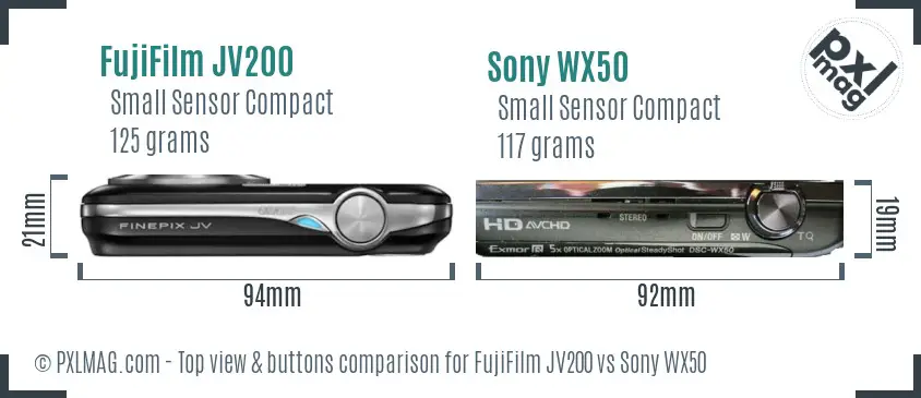 FujiFilm JV200 vs Sony WX50 top view buttons comparison