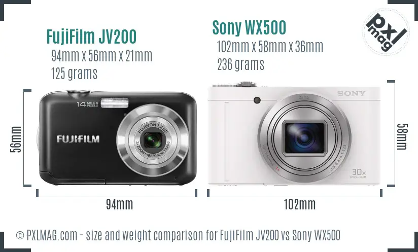 FujiFilm JV200 vs Sony WX500 size comparison