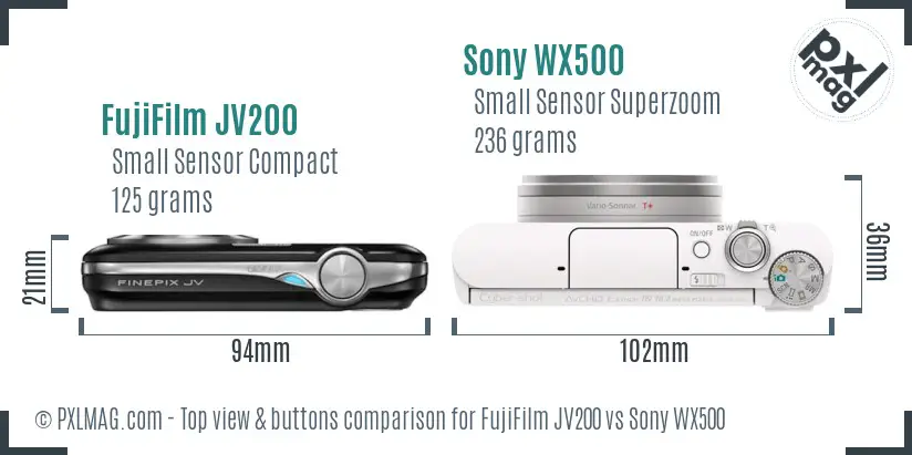 FujiFilm JV200 vs Sony WX500 top view buttons comparison