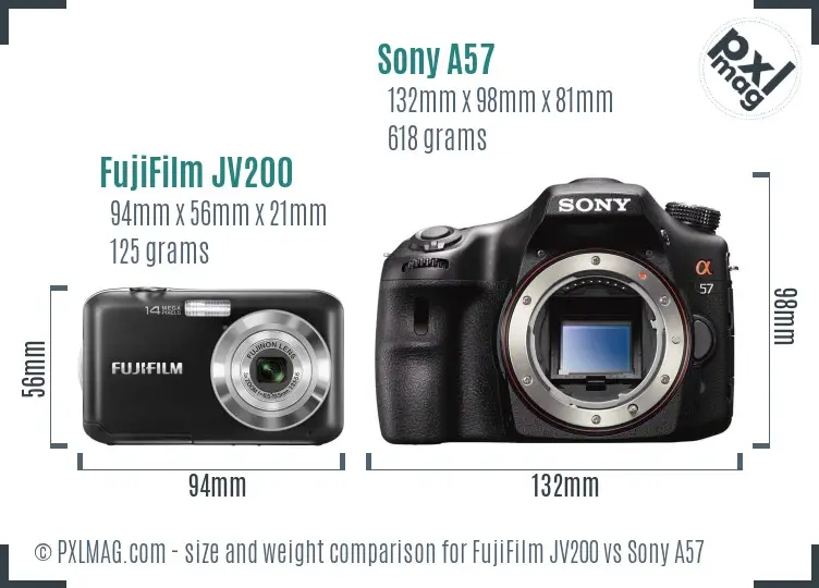 FujiFilm JV200 vs Sony A57 size comparison