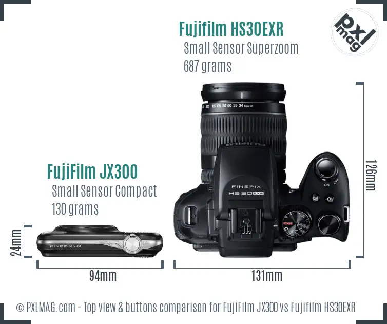 FujiFilm JX300 vs Fujifilm HS30EXR top view buttons comparison FujiFilm JX300 vs Fujifilm HS30EXR top view buttons comparison