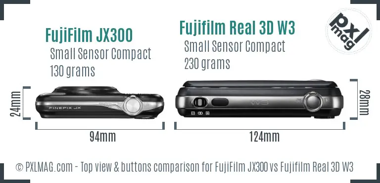 FujiFilm JX300 vs Fujifilm Real 3D W3 top view buttons comparison FujiFilm JX300 vs Fujifilm Real 3D W3 top view buttons comparison