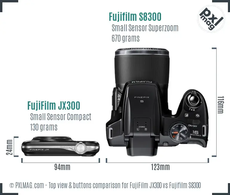 FujiFilm JX300 vs Fujifilm S8300 top view buttons comparison FujiFilm JX300 vs Fujifilm S8300 top view buttons comparison