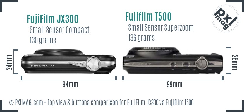 FujiFilm JX300 vs Fujifilm T500 top view buttons comparison