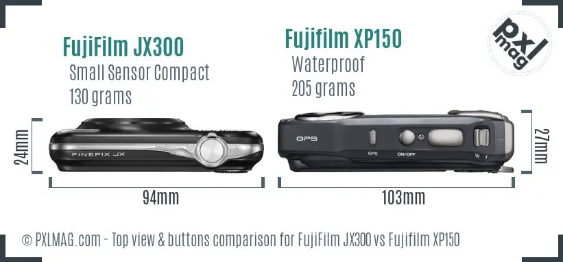 FujiFilm JX300 vs Fujifilm XP150 top view buttons comparison FujiFilm JX300 vs Fujifilm XP150 top view buttons comparison