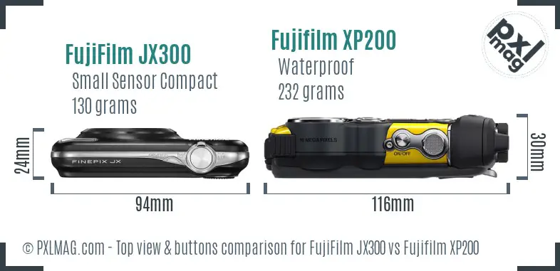 FujiFilm JX300 vs Fujifilm XP200 top view buttons comparison FujiFilm JX300 vs Fujifilm XP200 top view buttons comparison