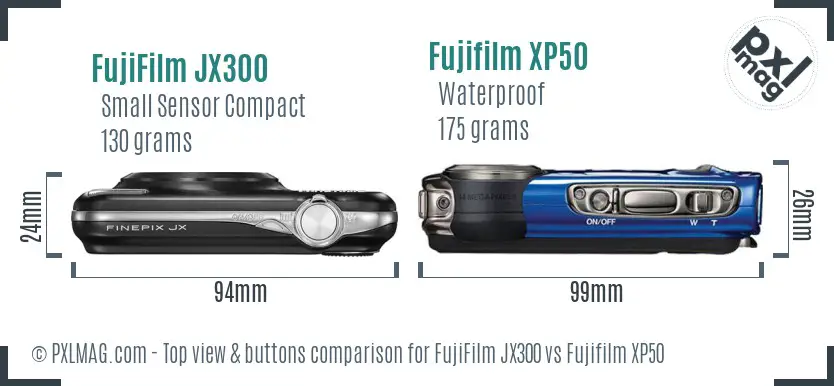FujiFilm JX300 vs Fujifilm XP50 top view buttons comparison FujiFilm JX300 vs Fujifilm XP50 top view buttons comparison