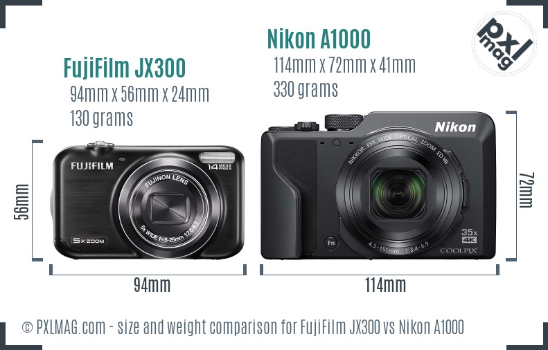 FujiFilm JX300 vs Nikon A1000 size comparison