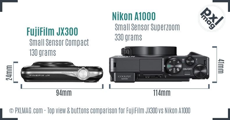 FujiFilm JX300 vs Nikon A1000 top view buttons comparison