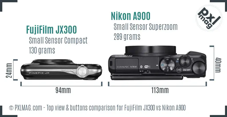 FujiFilm JX300 vs Nikon A900 top view buttons comparison FujiFilm JX300 vs Nikon A900 top view buttons comparison