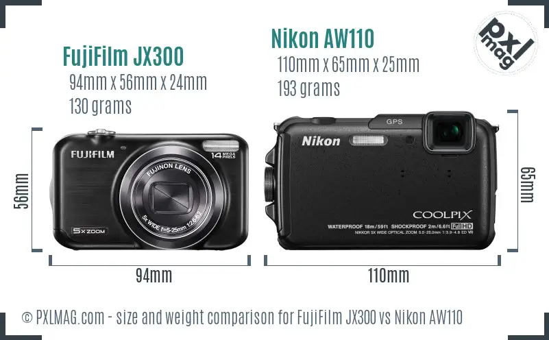 FujiFilm JX300 vs Nikon AW110 size comparison
