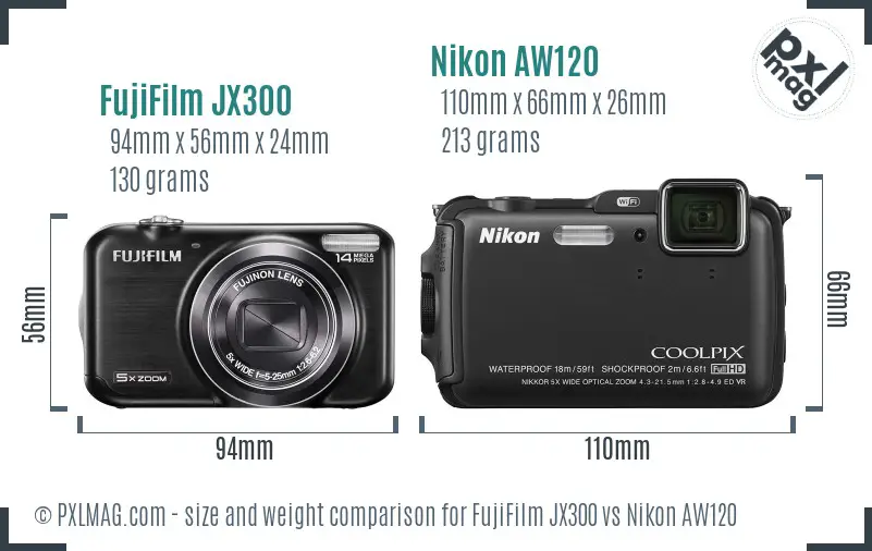 FujiFilm JX300 vs Nikon AW120 size comparison