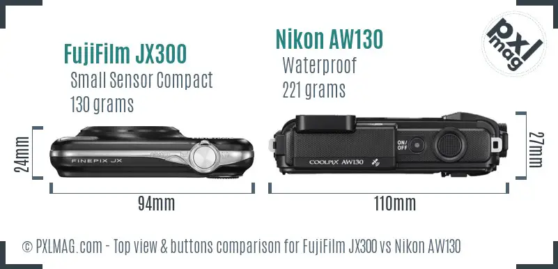 FujiFilm JX300 vs Nikon AW130 top view buttons comparison FujiFilm JX300 vs Nikon AW130 top view buttons comparison