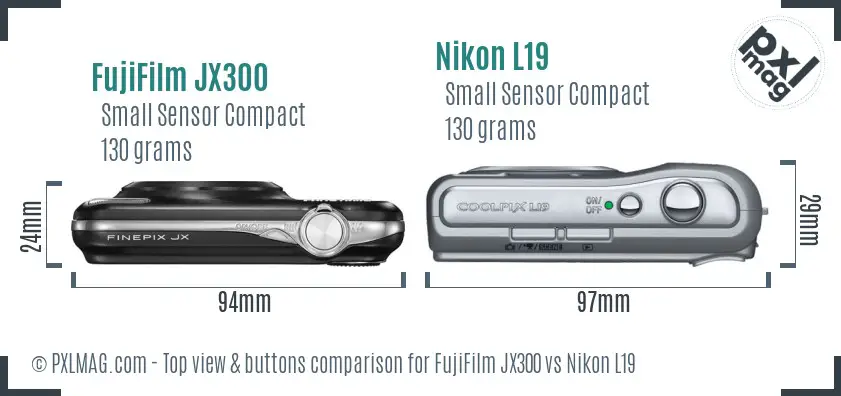 FujiFilm JX300 vs Nikon L19 top view buttons comparison FujiFilm JX300 vs Nikon L19 top view buttons comparison