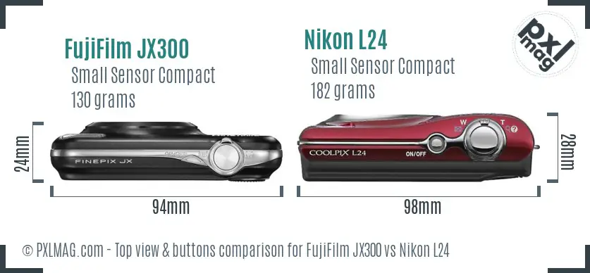 FujiFilm JX300 vs Nikon L24 top view buttons comparison FujiFilm JX300 vs Nikon L24 top view buttons comparison
