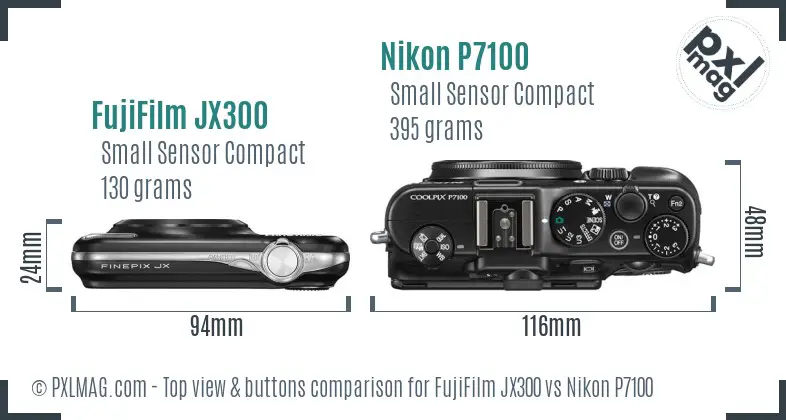FujiFilm JX300 vs Nikon P7100 top view buttons comparison FujiFilm JX300 vs Nikon P7100 top view buttons comparison