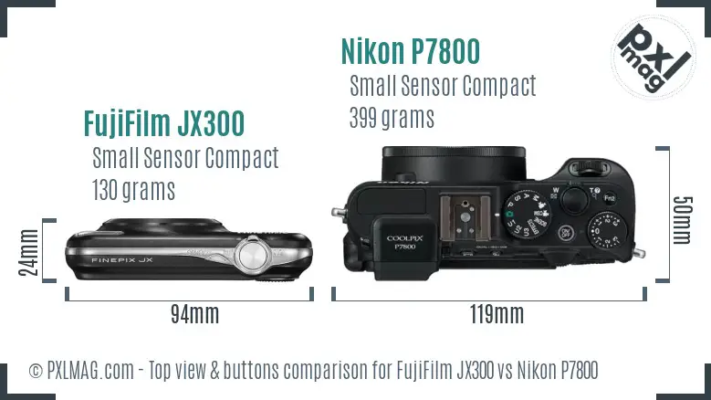FujiFilm JX300 vs Nikon P7800 top view buttons comparison