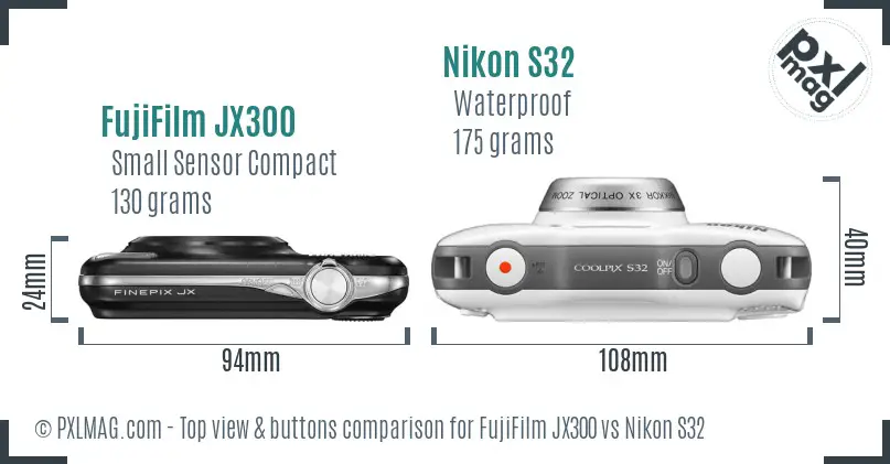 FujiFilm JX300 vs Nikon S32 top view buttons comparison FujiFilm JX300 vs Nikon S32 top view buttons comparison
