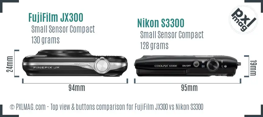 FujiFilm JX300 vs Nikon S3300 top view buttons comparison FujiFilm JX300 vs Nikon S3300 top view buttons comparison