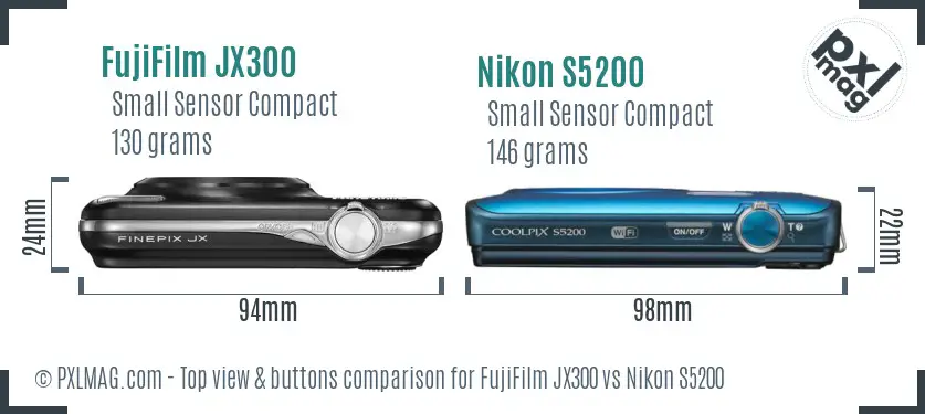 FujiFilm JX300 vs Nikon S5200 top view buttons comparison