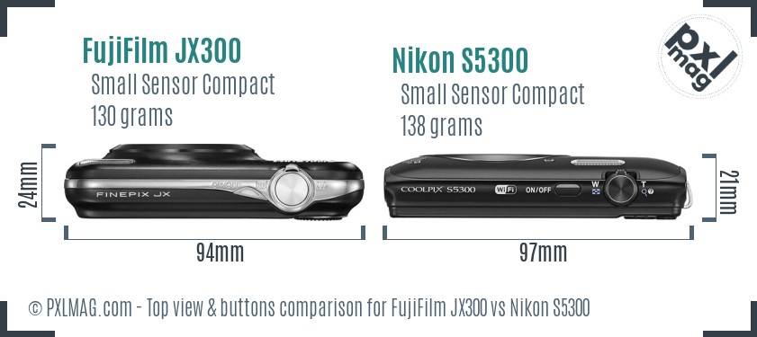 FujiFilm JX300 vs Nikon S5300 top view buttons comparison