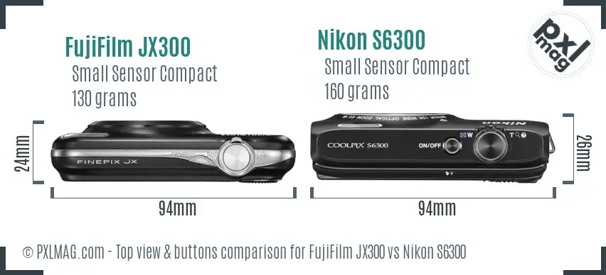 FujiFilm JX300 vs Nikon S6300 top view buttons comparison FujiFilm JX300 vs Nikon S6300 top view buttons comparison