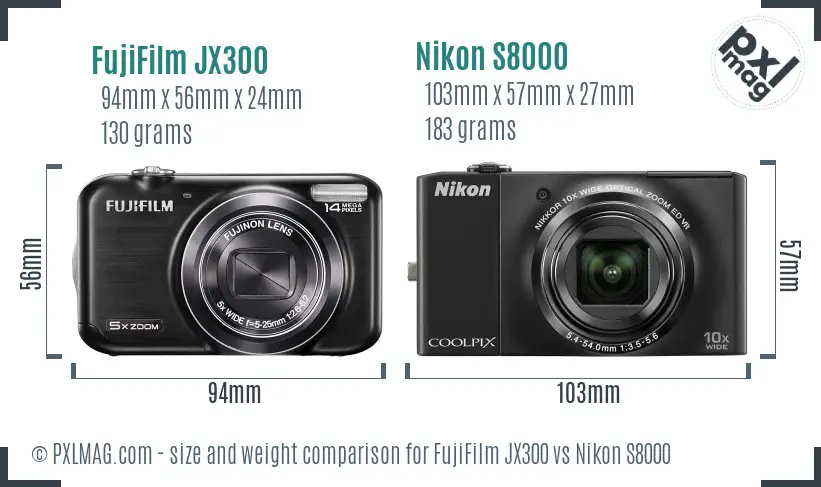 FujiFilm JX300 vs Nikon S8000 size comparison