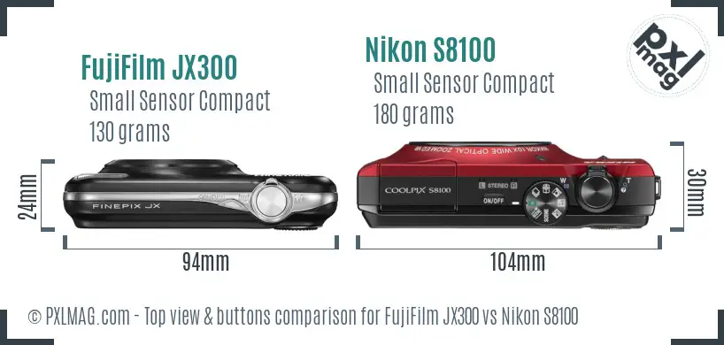 FujiFilm JX300 vs Nikon S8100 top view buttons comparison