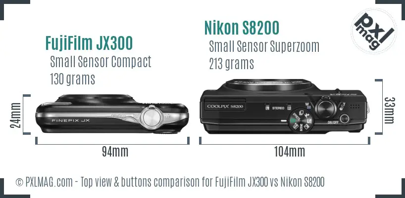FujiFilm JX300 vs Nikon S8200 top view buttons comparison FujiFilm JX300 vs Nikon S8200 top view buttons comparison