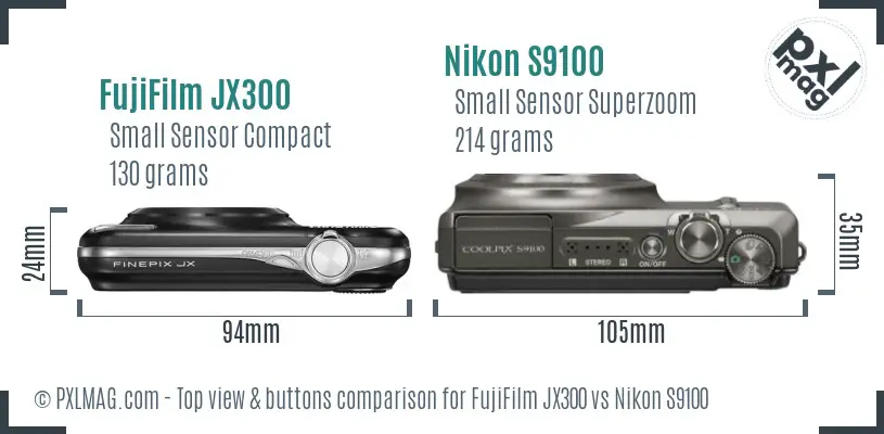 FujiFilm JX300 vs Nikon S9100 top view buttons comparison