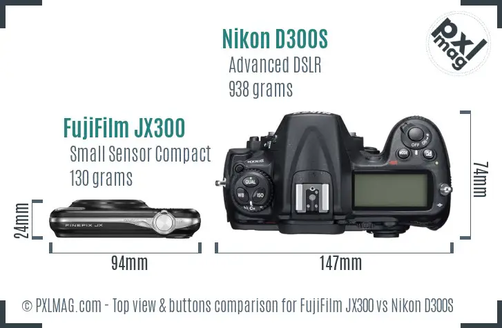 FujiFilm JX300 vs Nikon D300S top view buttons comparison