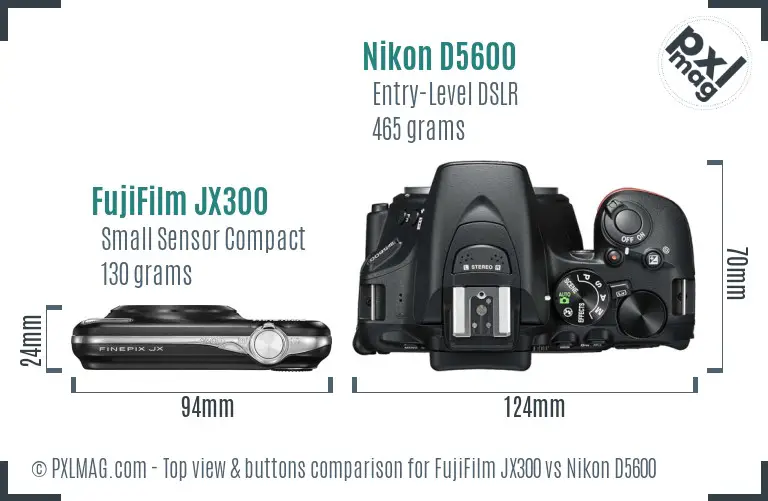 FujiFilm JX300 vs Nikon D5600 top view buttons comparison
