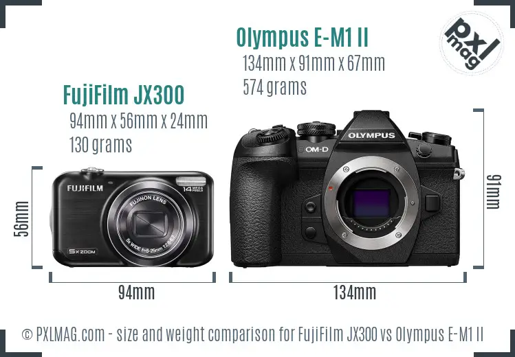 FujiFilm JX300 vs Olympus E-M1 II size comparison