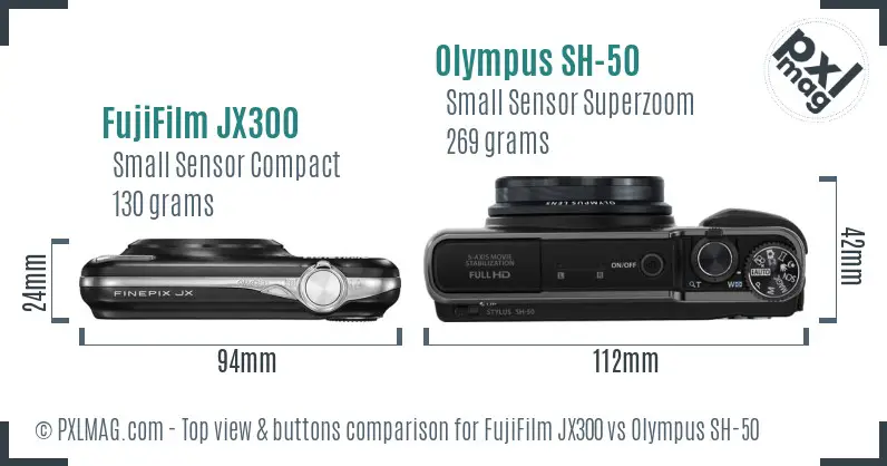 FujiFilm JX300 vs Olympus SH-50 top view buttons comparison