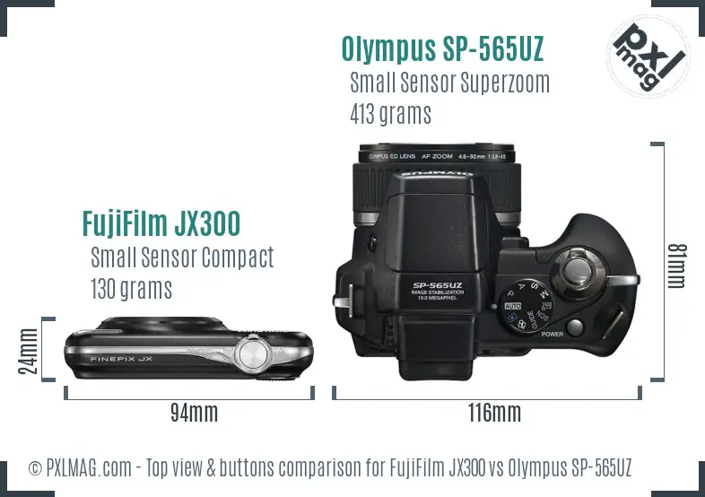 FujiFilm JX300 vs Olympus SP-565UZ top view buttons comparison FujiFilm JX300 vs Olympus SP-565UZ top view buttons comparison