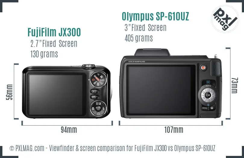 FujiFilm JX300 vs Olympus SP-610UZ Screen and Viewfinder comparison