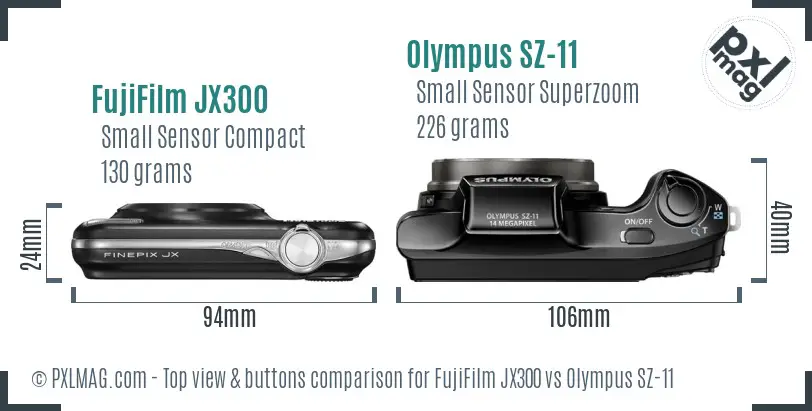 FujiFilm JX300 vs Olympus SZ-11 top view buttons comparison FujiFilm JX300 vs Olympus SZ-11 top view buttons comparison
