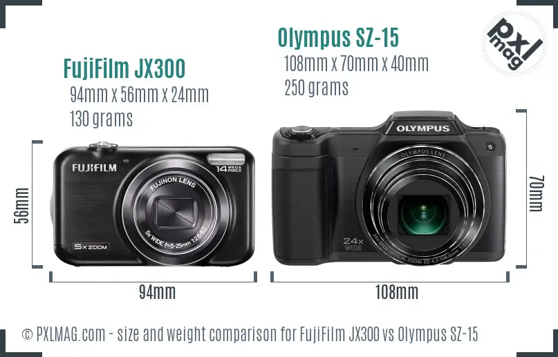 FujiFilm JX300 vs Olympus SZ-15 size comparison