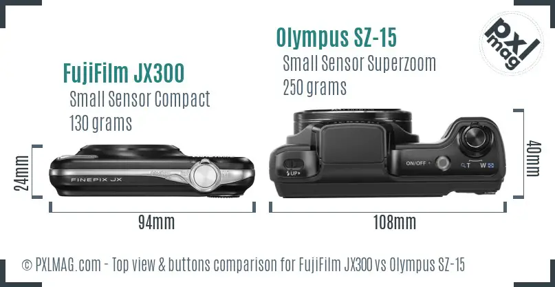 FujiFilm JX300 vs Olympus SZ-15 top view buttons comparison